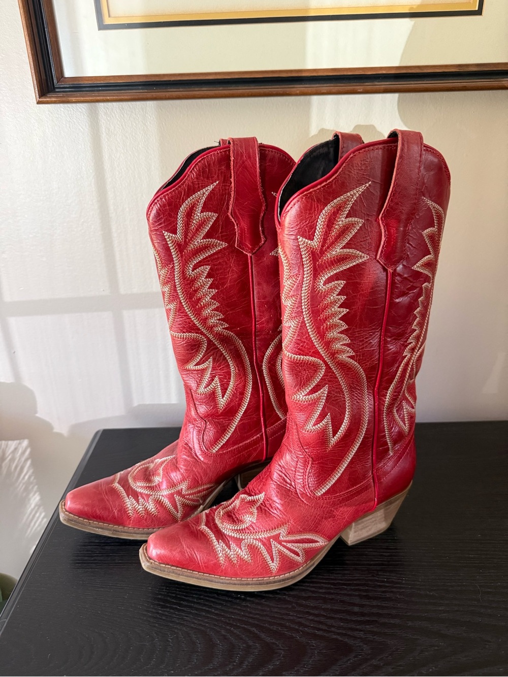 Women's Red Western Embroidered Leather Heeled Boots